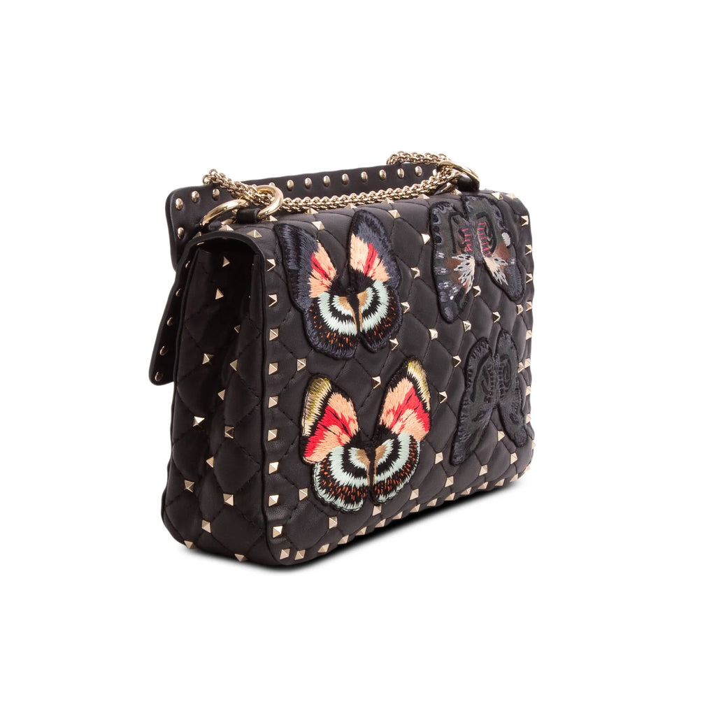 Valentino 2020 Black Nappa Leather Medium Rockstud Butterfly Embroidered Spike Shoulder Bag