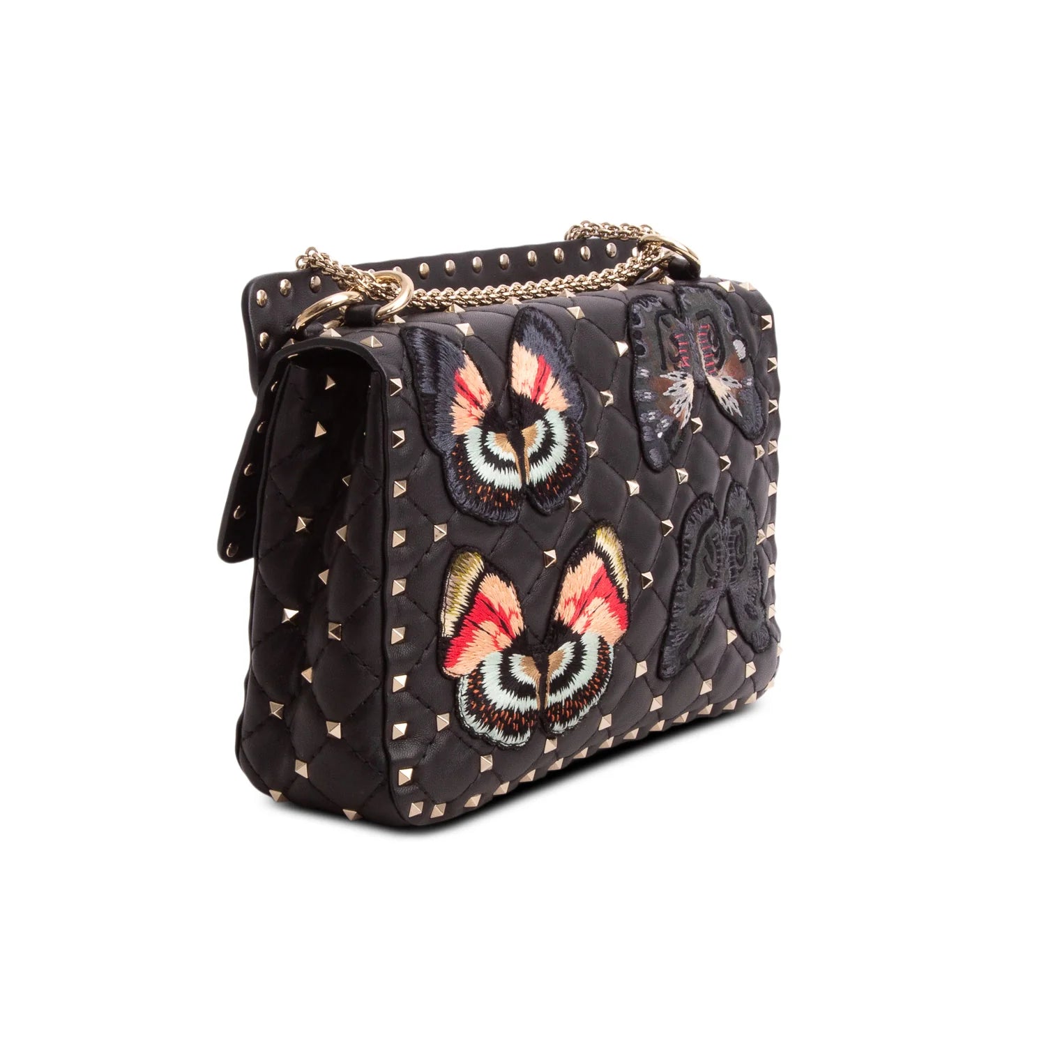 Valentino 2020 Black Nappa Leather Medium Rockstud Butterfly Embroidered Spike Shoulder Bag