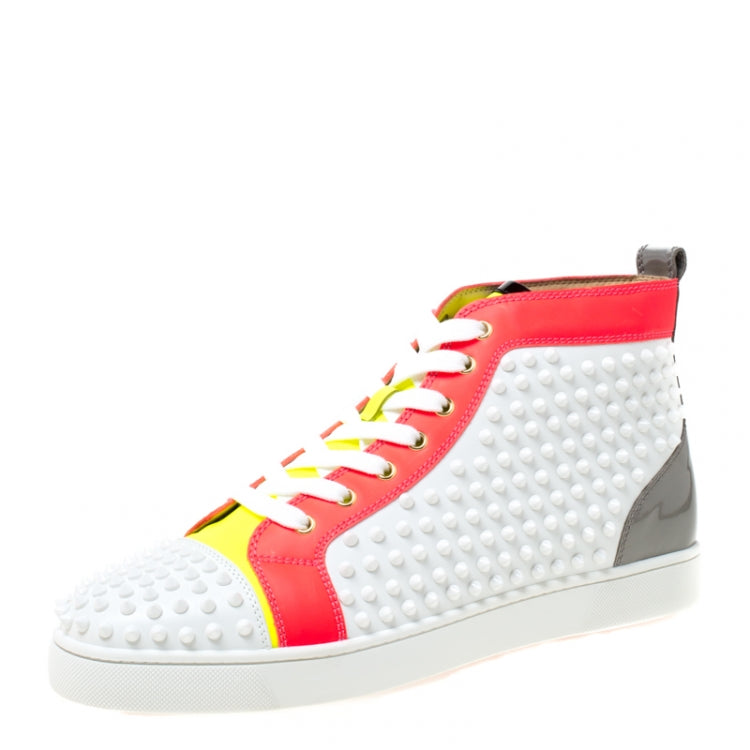 Christian Louboutin White Leather With Flourescent Matt Louis Spikes High Top Sneakers Size 45