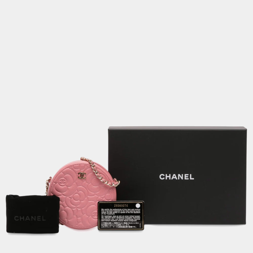 Chanel Pink CC Embossed Caviar Camellia Round Clutch With Chain