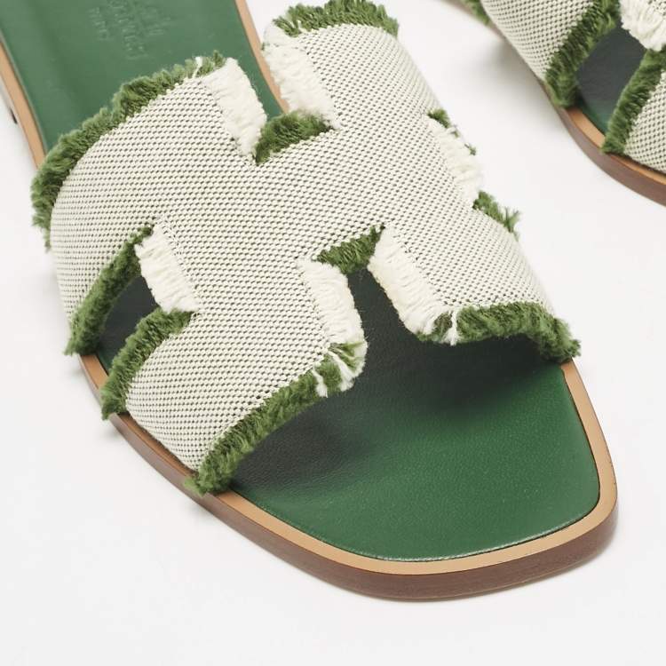Hermes Beige/Green Fringe Canvas Oran Flat Slide Sandals Size 37