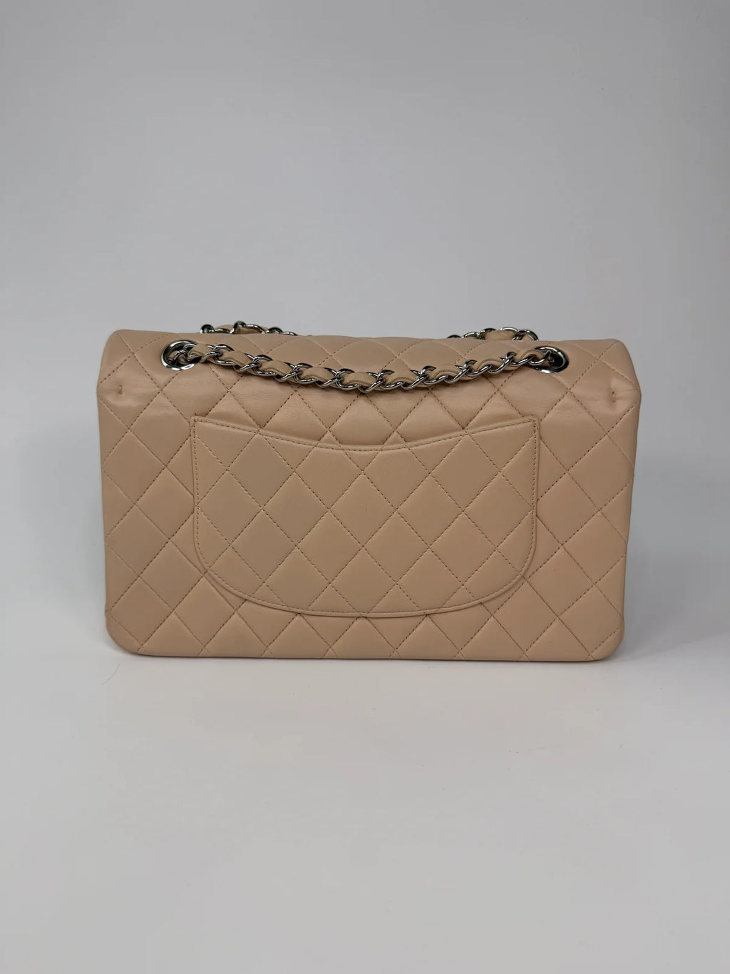 CHANEL MEDIUM CLASSIC DOUBLE FLAP LIGHT BEIGE LAMBSKIN LEATHER WITH SILVER HARDWARE