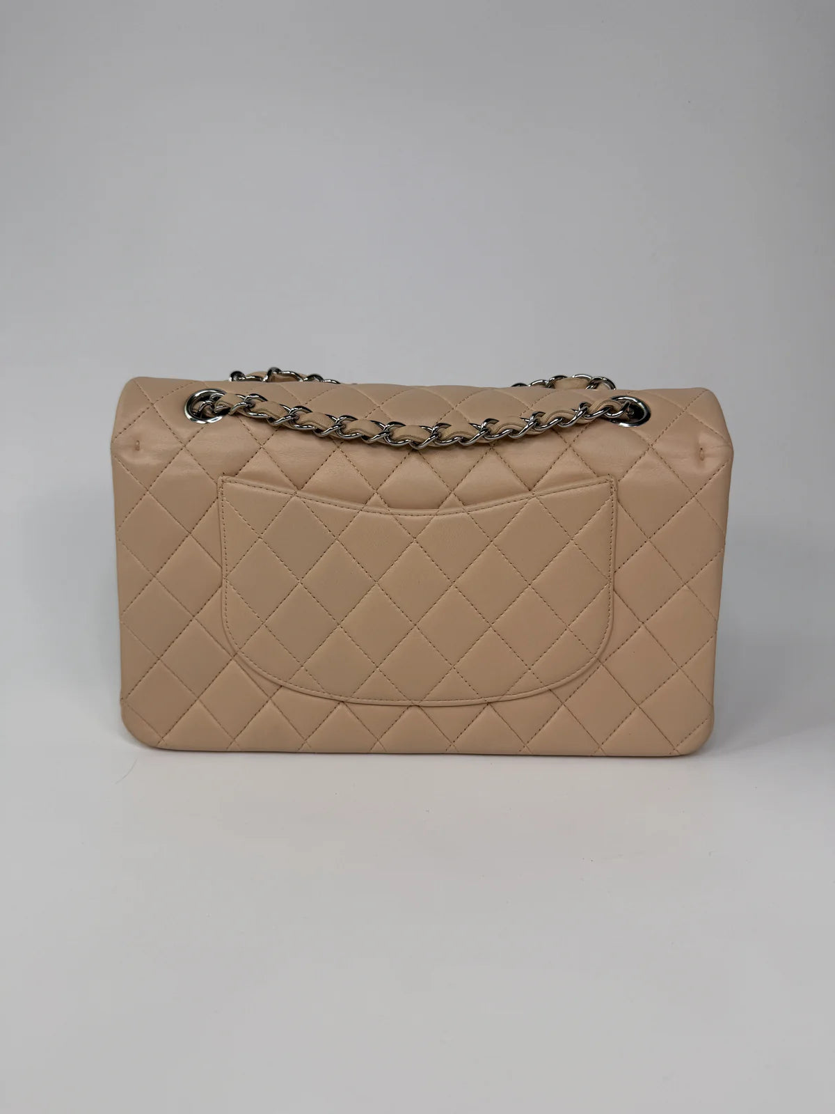 CHANEL MEDIUM CLASSIC DOUBLE FLAP LIGHT BEIGE LAMBSKIN LEATHER WITH SILVER HARDWARE