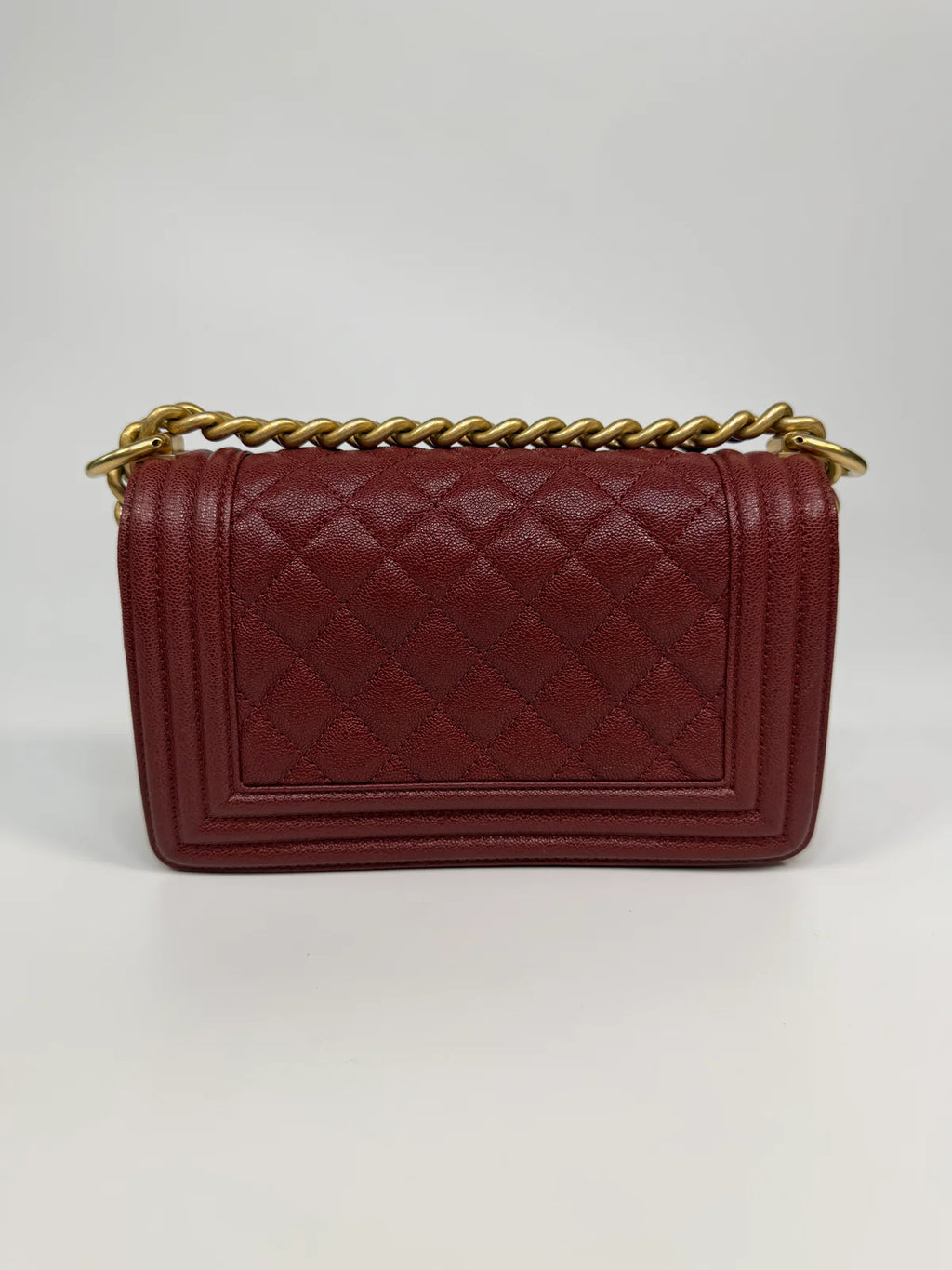 CHANEL SMALL LE BOY BAG IN BURGUNDY CAVIAR LEATHER WITH AGED GOLD HARDWARE