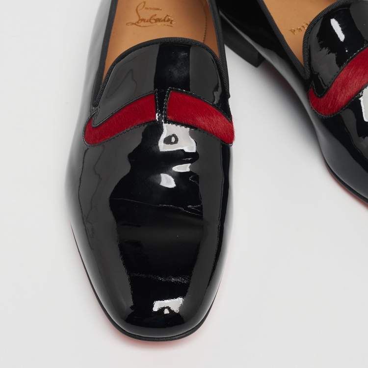 Christian Louboutin Black/Red Patent Leather and Calf Hair Mustache Smoking Slippers Size 43