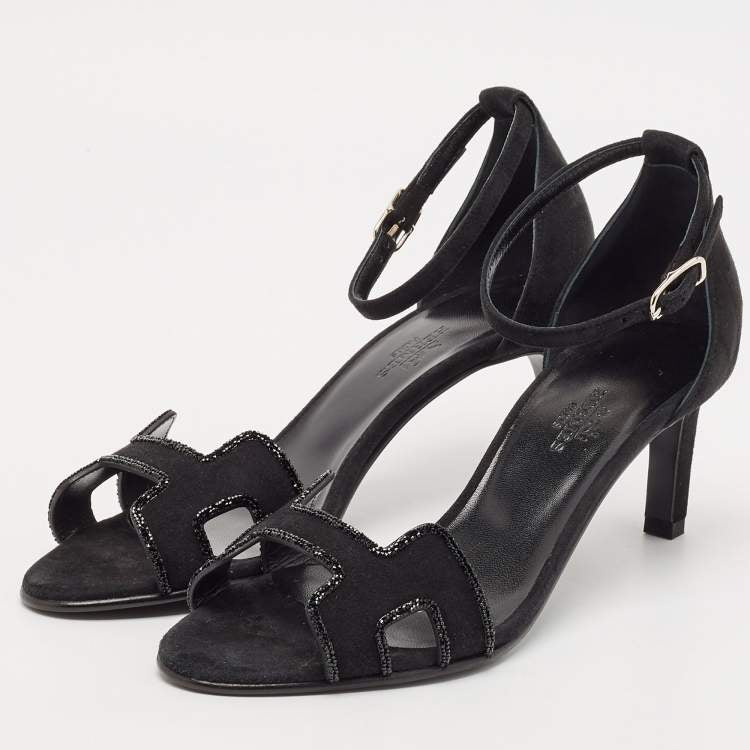 Hermes Black Suede Crystal Embellished Premiere Sandals Size 36.5