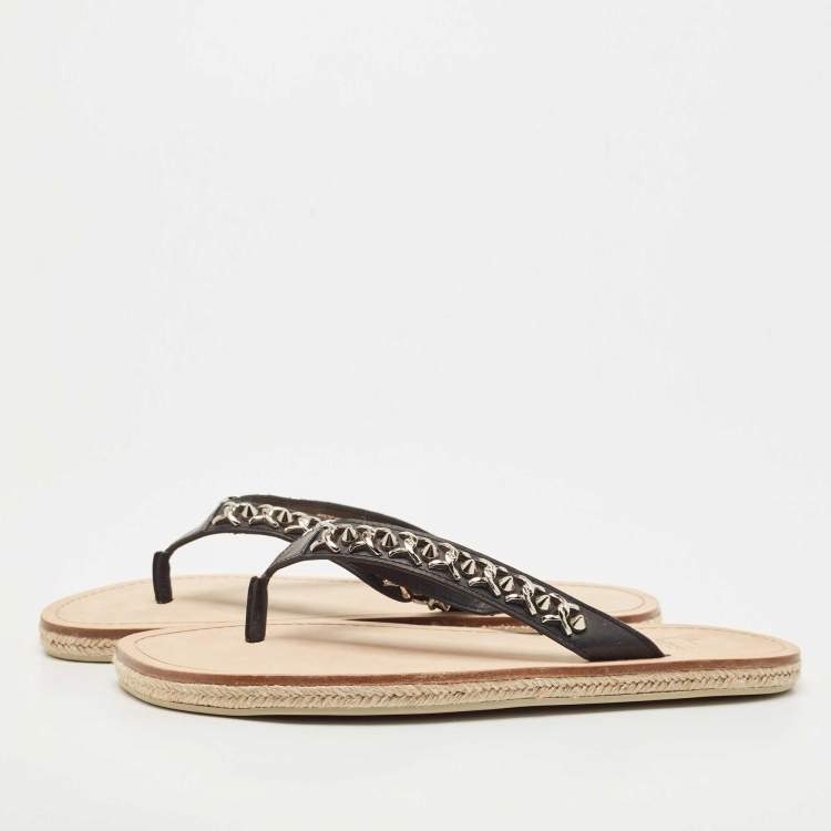 Christian Louboutin Black Leather Spike Thong Sandals Size 43