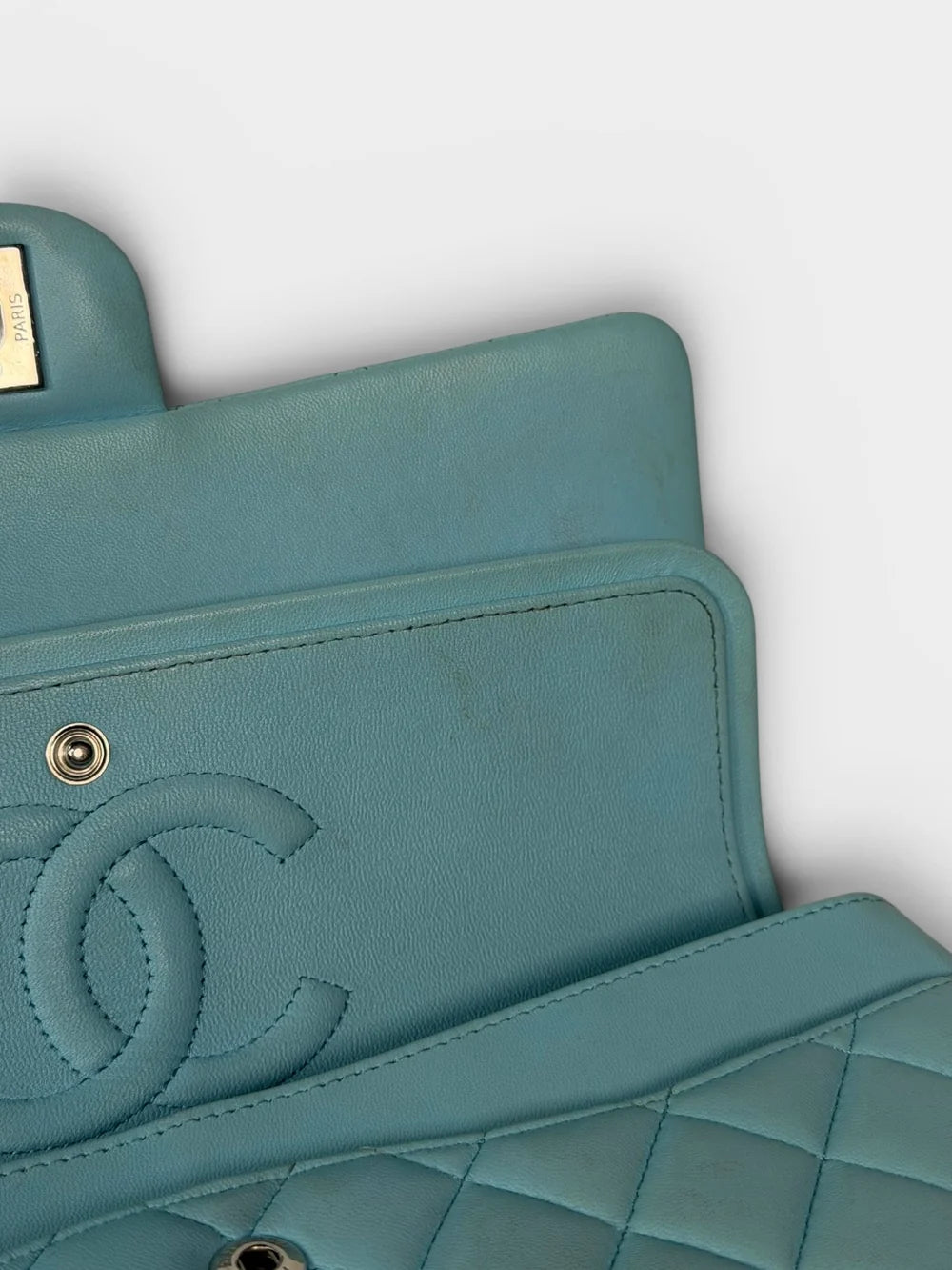 CHANEL MEDIUM DOUBLE CLASSIC FLAP LIGHT BLUE LAMBSKIN SILVER HARDWARE