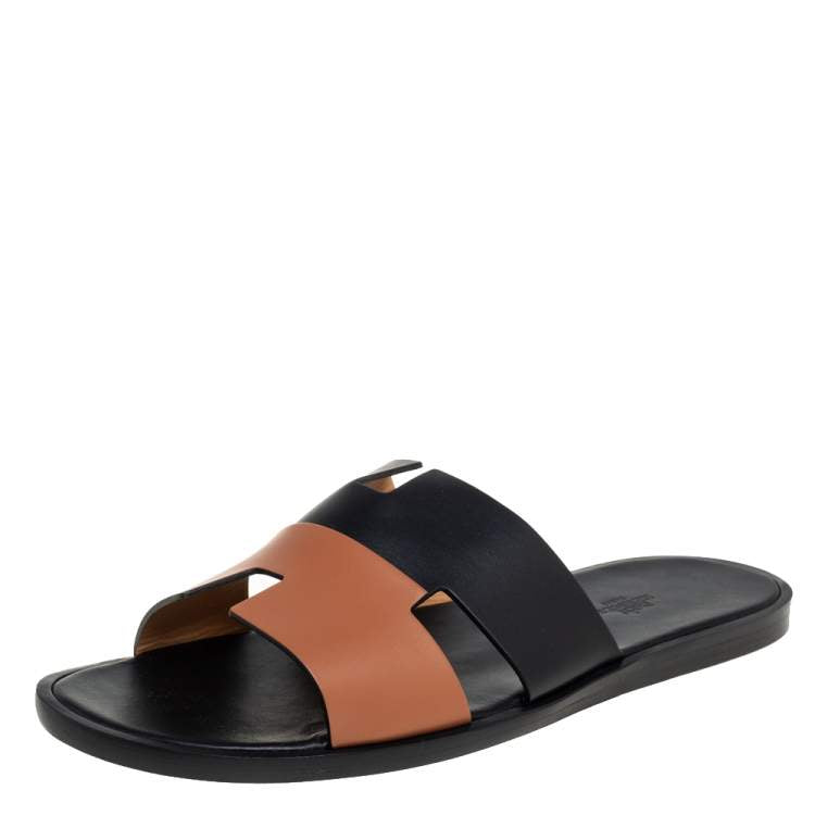 Hermés Black/Brown Leather Izmir Flat Slides Size 44
