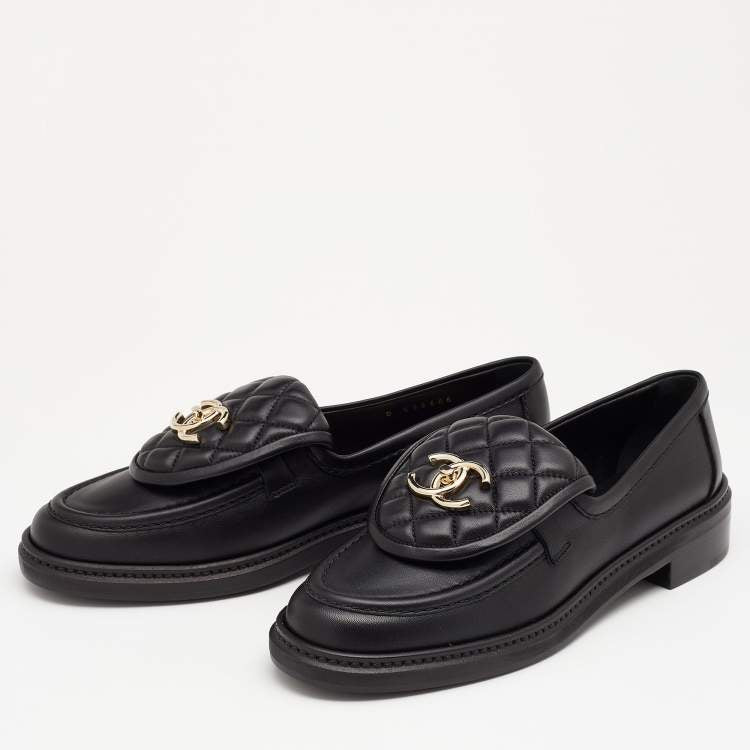 Chanel Black Quilted Leather CC Turnlock Loafers Size 37