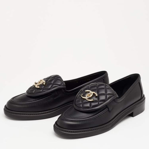 Chanel Black Quilted Leather CC Turnlock Loafers Size 37