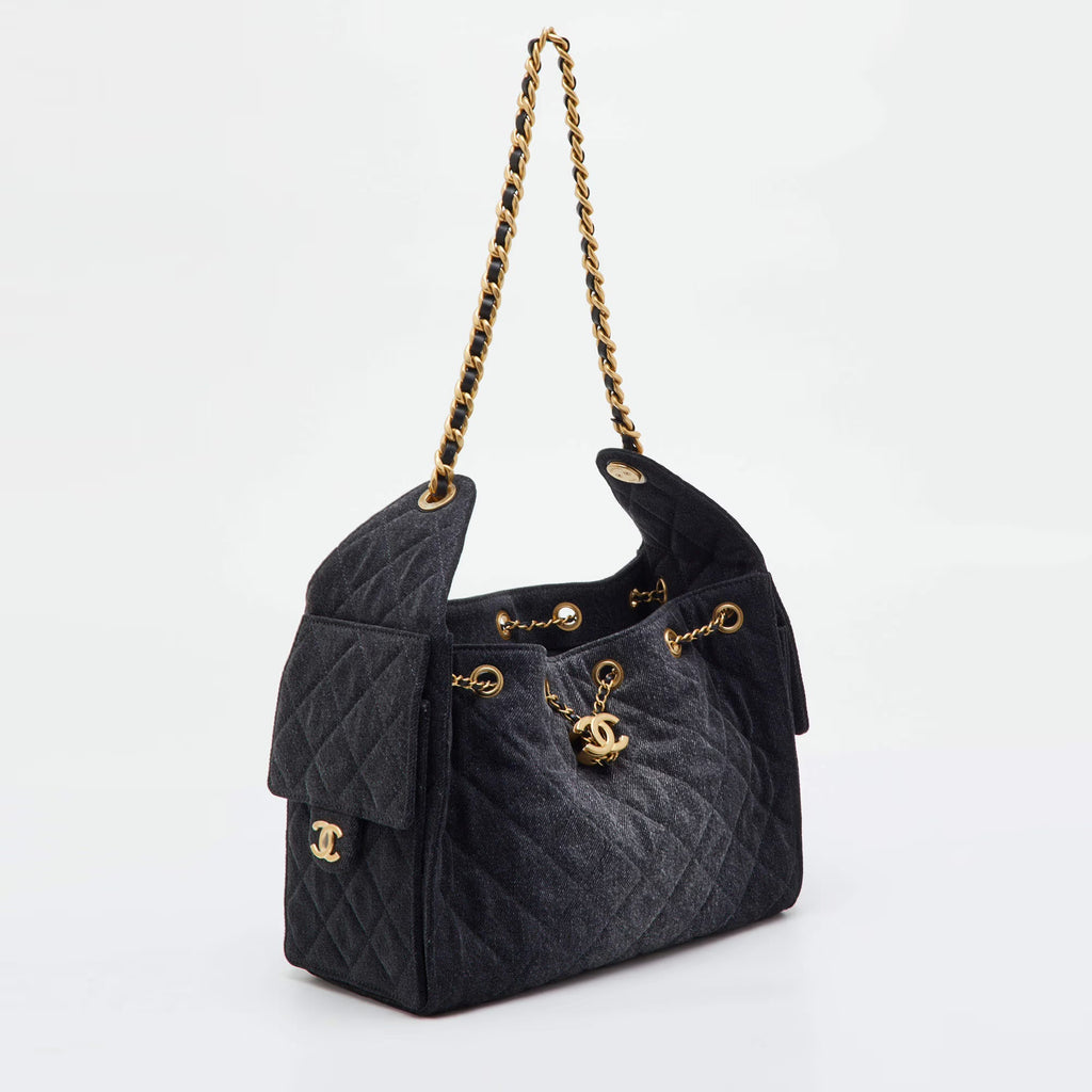 Chanel 25 Drawstring Black Quilted Denim Hobo