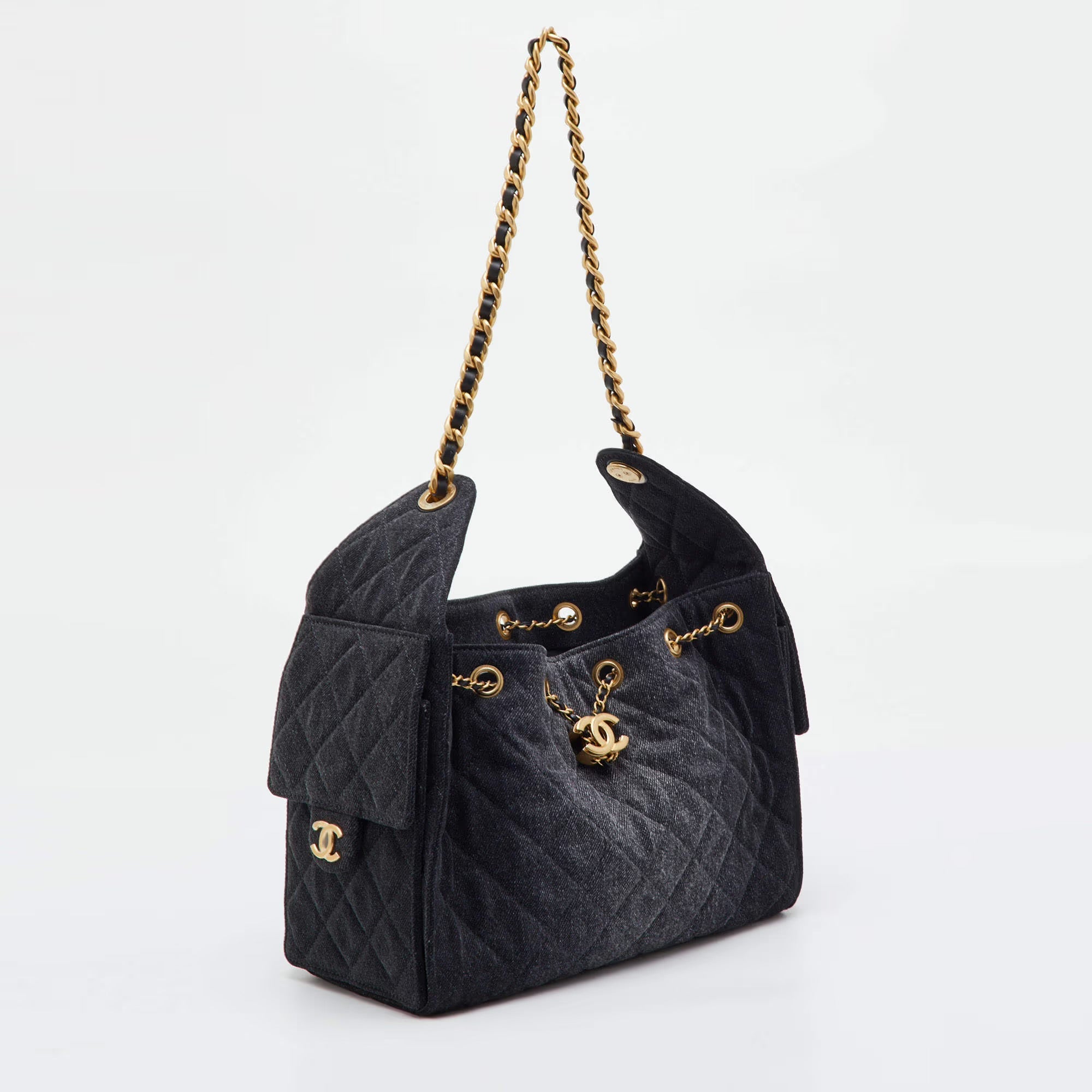 Chanel 25 Drawstring Black Quilted Denim Hobo