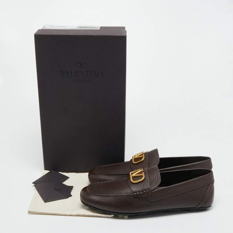 Valentino Dark Brown Leather VLogo Signature Loafers Size 44