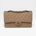 CHANEL MEDIUM CLASSIC DOUBLE FLAP LIGHT BEIGE LAMBSKIN LEATHER WITH SILVER HARDWARE