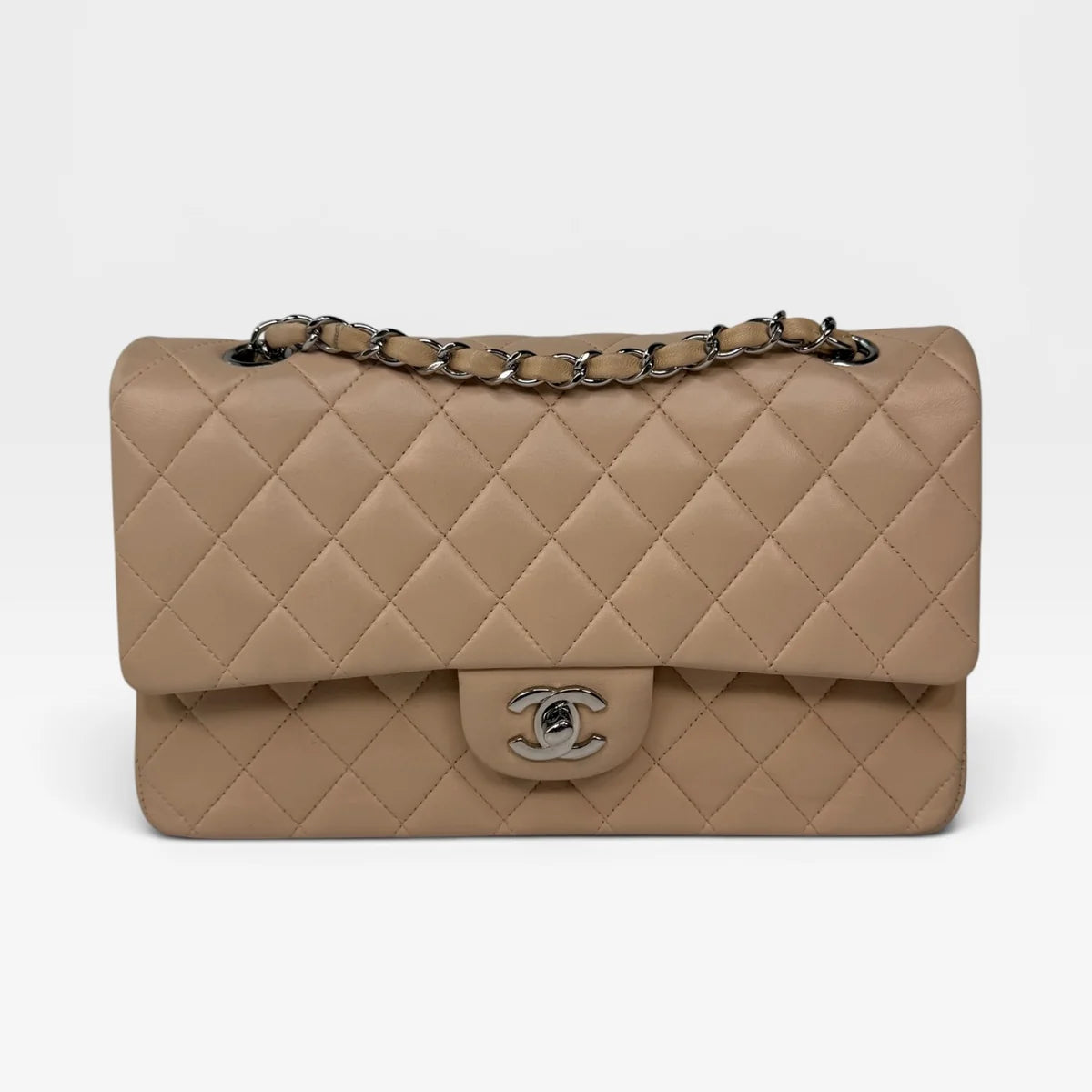 CHANEL MEDIUM CLASSIC DOUBLE FLAP LIGHT BEIGE LAMBSKIN LEATHER WITH SILVER HARDWARE