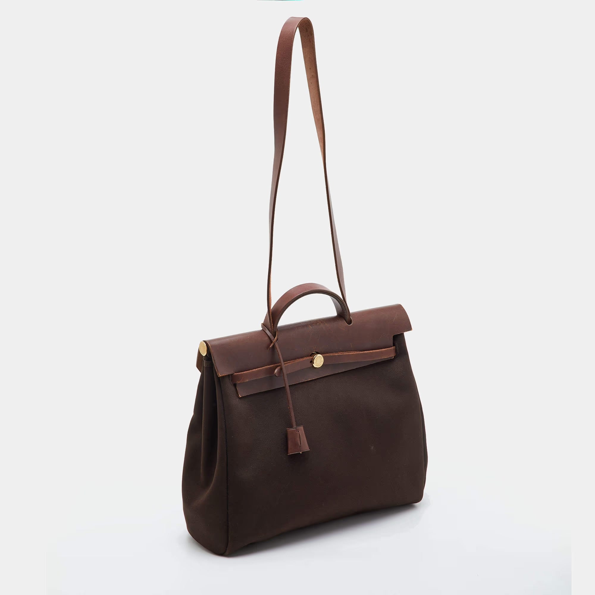 Hermes Herbag 39 Chocolate/Terre Toile and Vache Leather Top Handle Bag