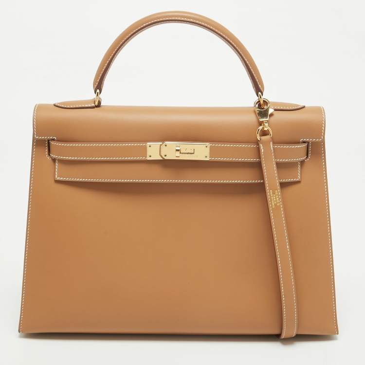 Hermes Kelly Sellier 32 Gold Finish Natural Sable Veau Butler Leather Top Handle Bag