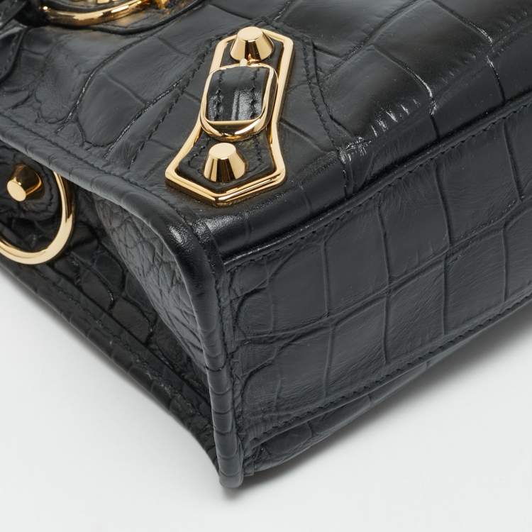 Balenciaga Metallic Edge City Mini Black Croc Embossed Leather Tote