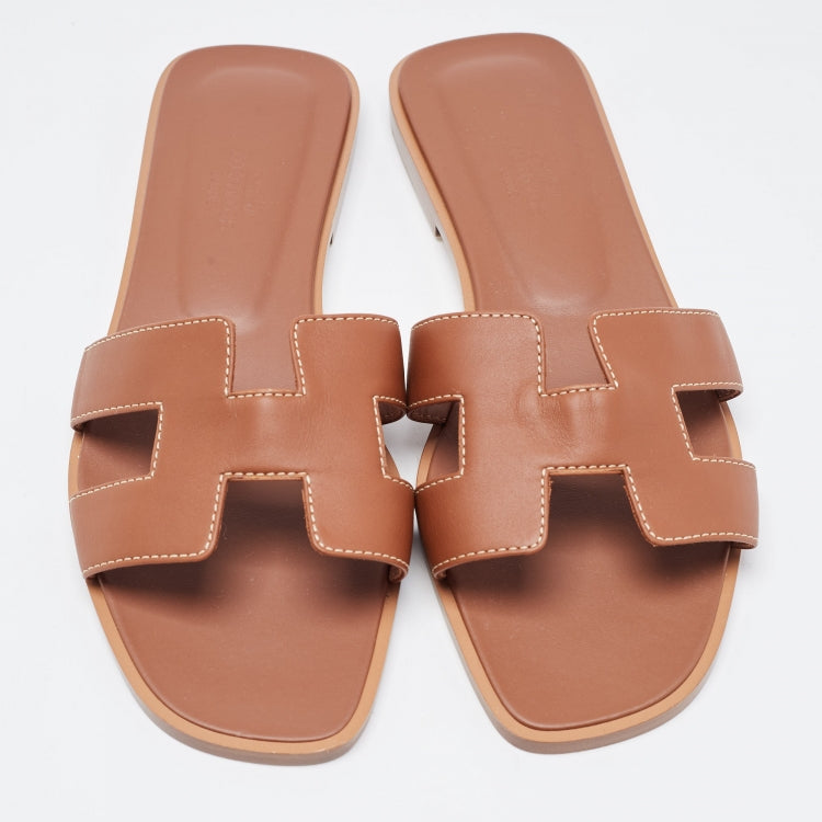 Hermes Brown Leather Oran Sandals Size 36.5