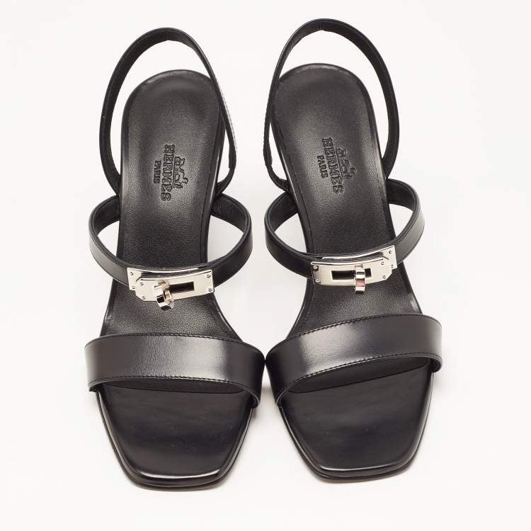 Hermes Black Leather Glamour Slingback Sandals Size 36