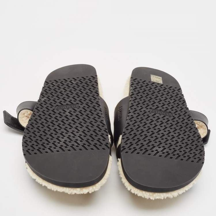 Hermes Black Leather and Shearling Fur Lined Chypre Sandals Size 45.5