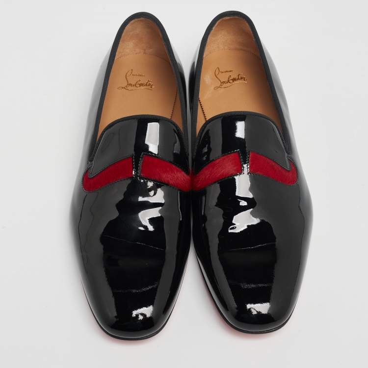 Christian Louboutin Black/Red Patent Leather and Calf Hair Mustache Smoking Slippers Size 43