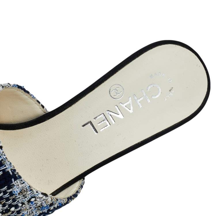 Chanel Black/Blue Tweed And Grosgrain Pointed Toe CC Pearl Embellished Heel Mule Sandals Size 37.5