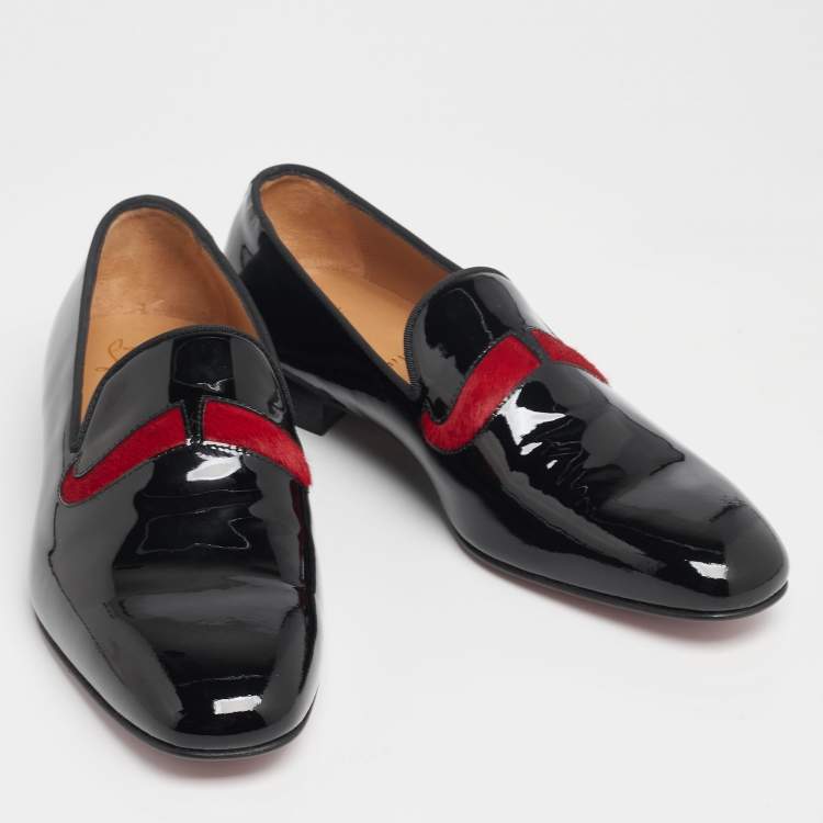 Christian Louboutin Black/Red Patent Leather and Calf Hair Mustache Smoking Slippers Size 43