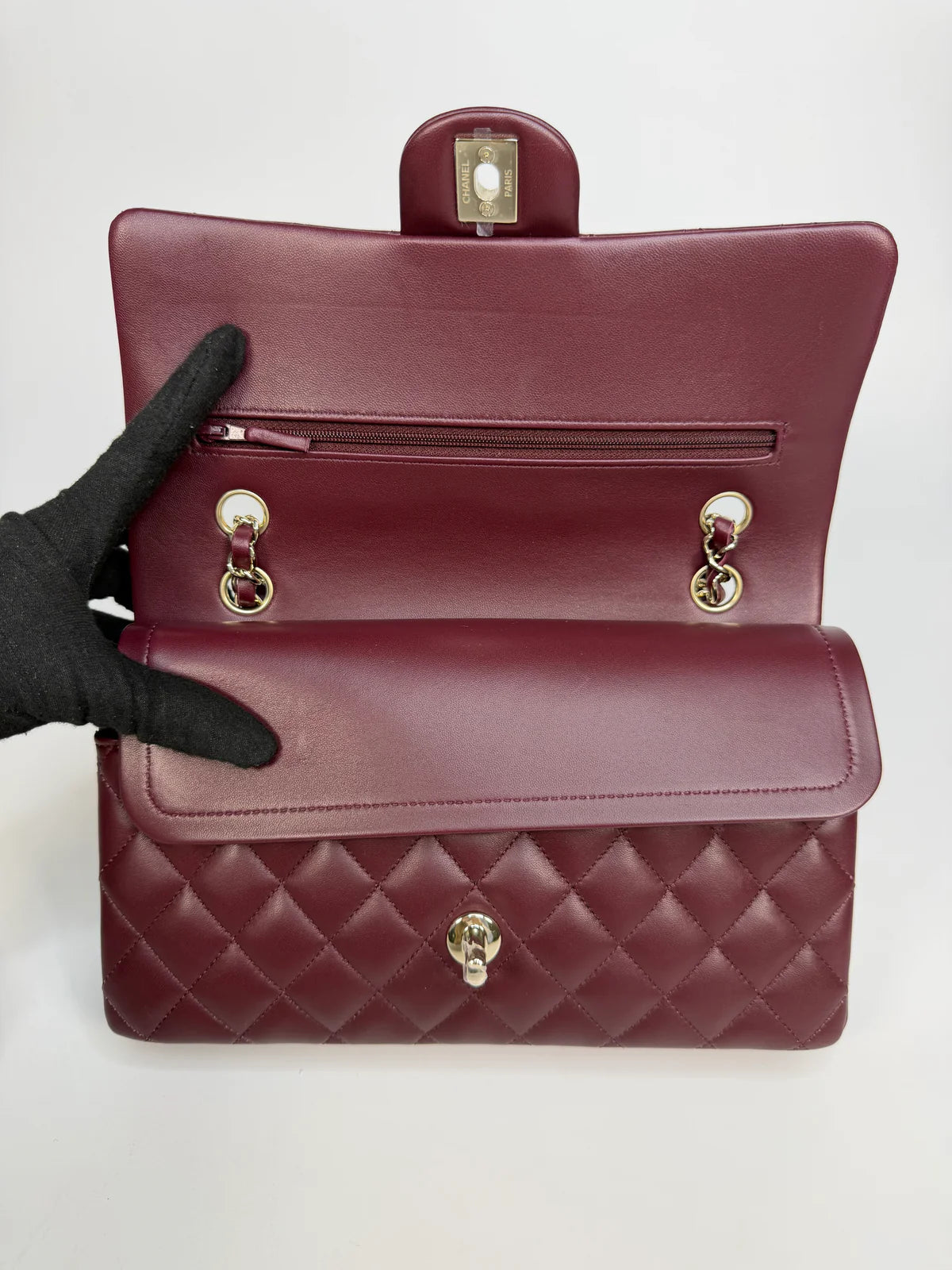 CHANEL MEDIUM CLASSIC DOUBLE FLAP BURGUNDY LAMBSKIN LEATHER WITH PALE GOLD HARDWARE