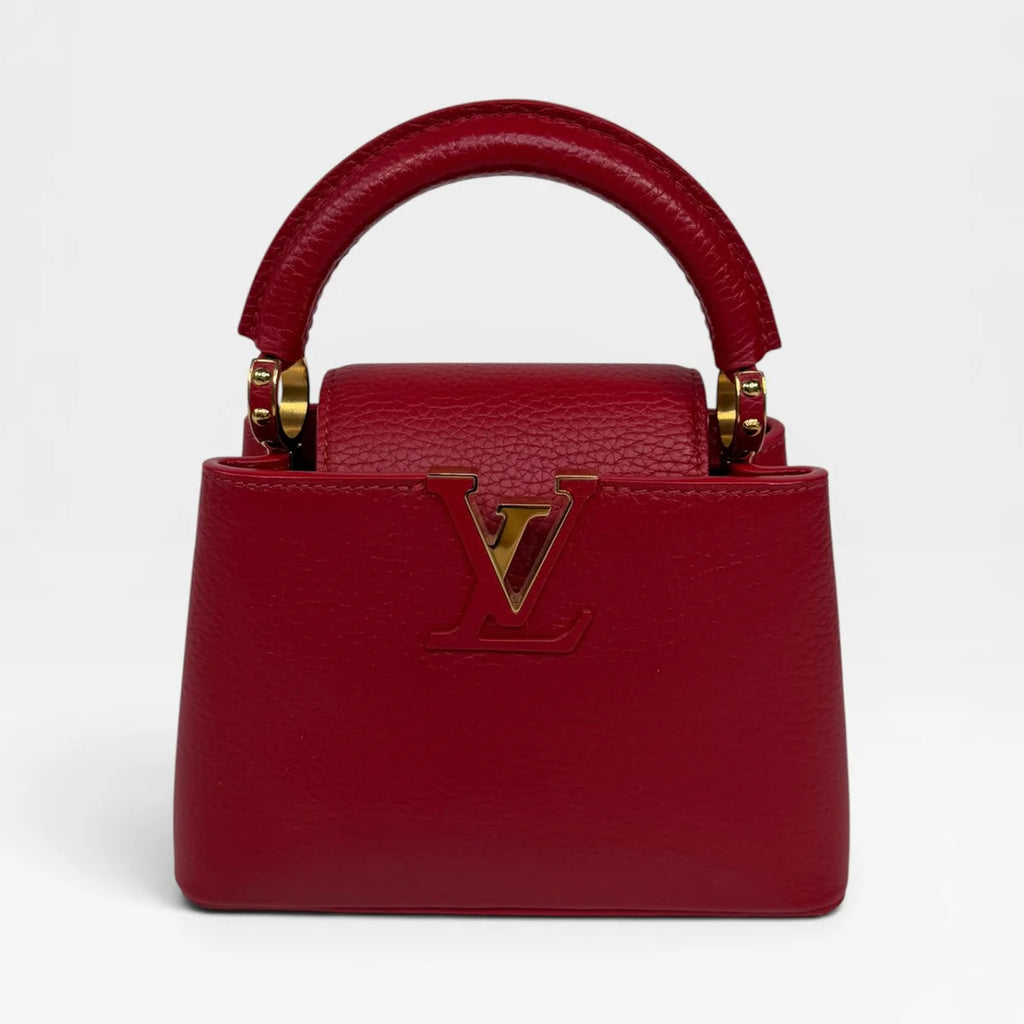 LOUIS VUITTON CAPUCINES MINI BAG IN SCARLET TAURILLION LEATHER WITH GOLD HARDWARE