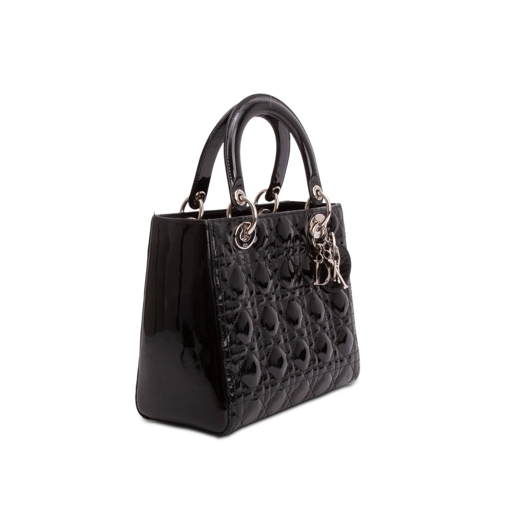 Christian Dior Black Cannage Patent Leather Medium Lady Dior Bag
