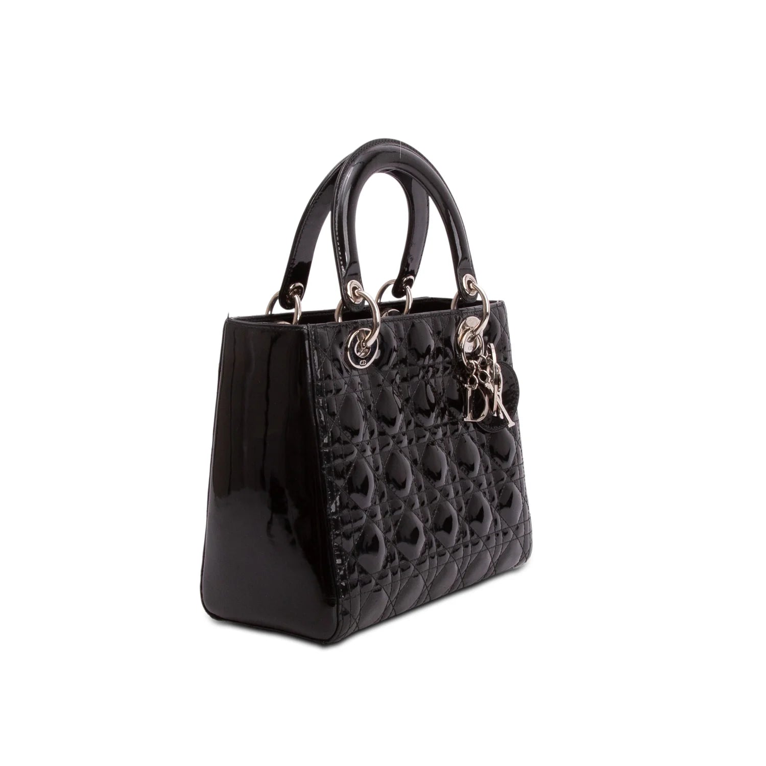 Christian Dior Black Cannage Patent Leather Medium Lady Dior Bag