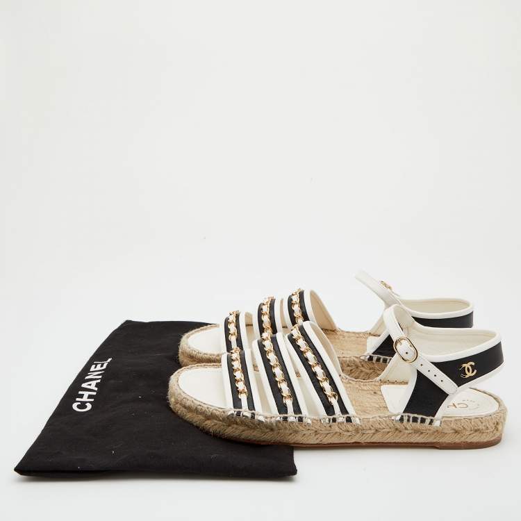 Chanel White/Black Leather Chain Embellished Ankle Strap Espadrille Flats Size 40
