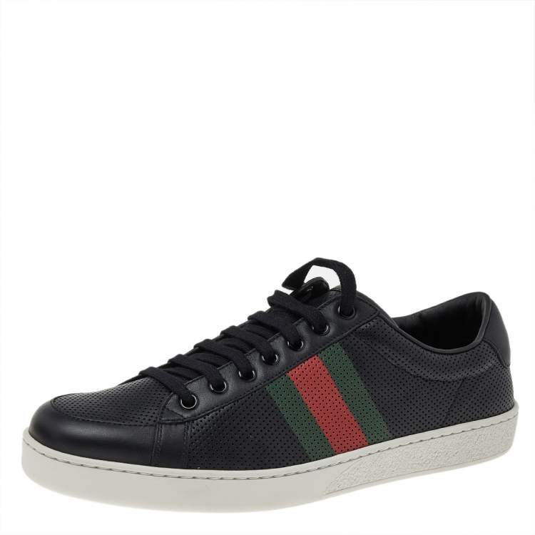 Gucci Black Perforated Leather Web Detail Low Top Sneakers Size 42.5