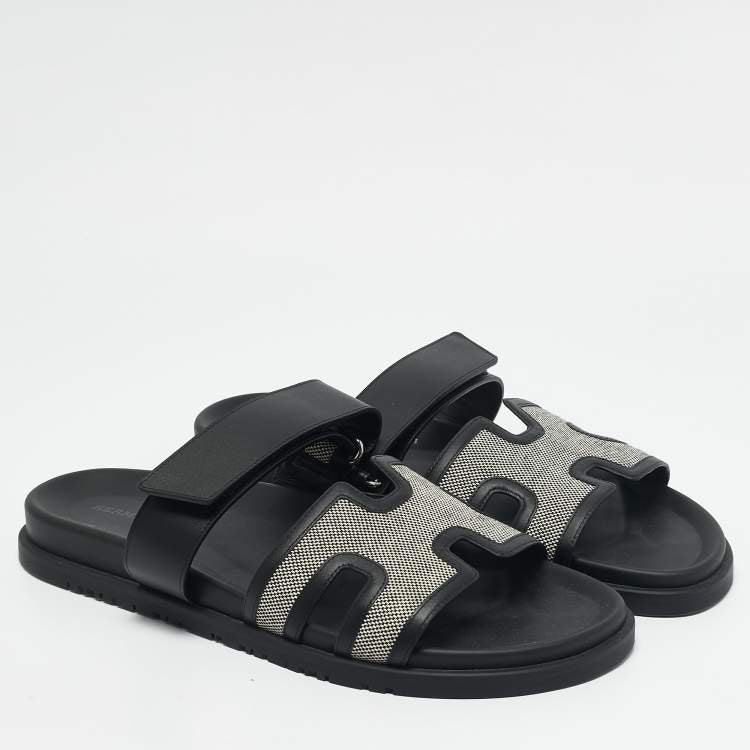 Hermes Black/White Leather and Canvas H Maxi Chypre Flat Sandals Size 45.5