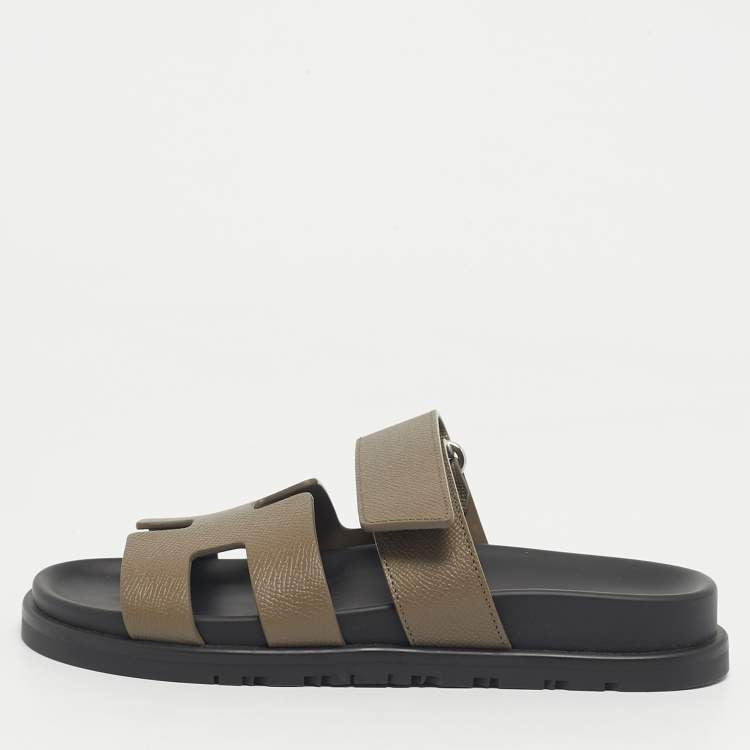 Hermes Green Leather Chypre Slide Sandals Size 34