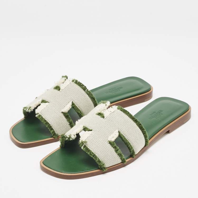 Hermes Beige/Green Fringe Canvas Oran Flat Slide Sandals Size 37