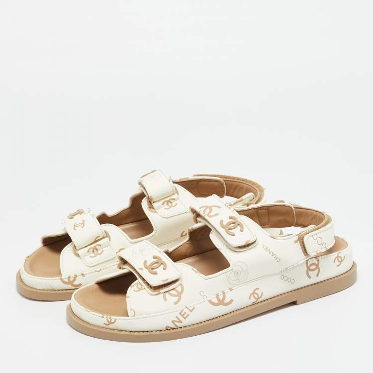 Chanel White Leather Dad Flat Sandals Size 38.5