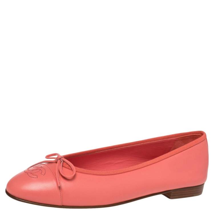 Chanel Coral Pink Leather CC Cap Toe Bow Ballet Flats Size 40