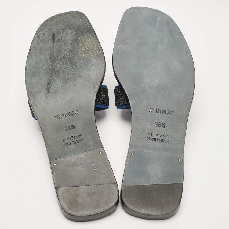 Hermes Blue/Black Suede Crystal Embellished Oran Flat Slides Size 36.5
