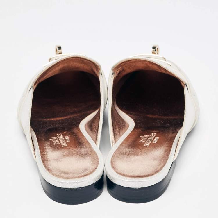 Hermes Silver Textured Suede Oz Flat Mules Size 36.5