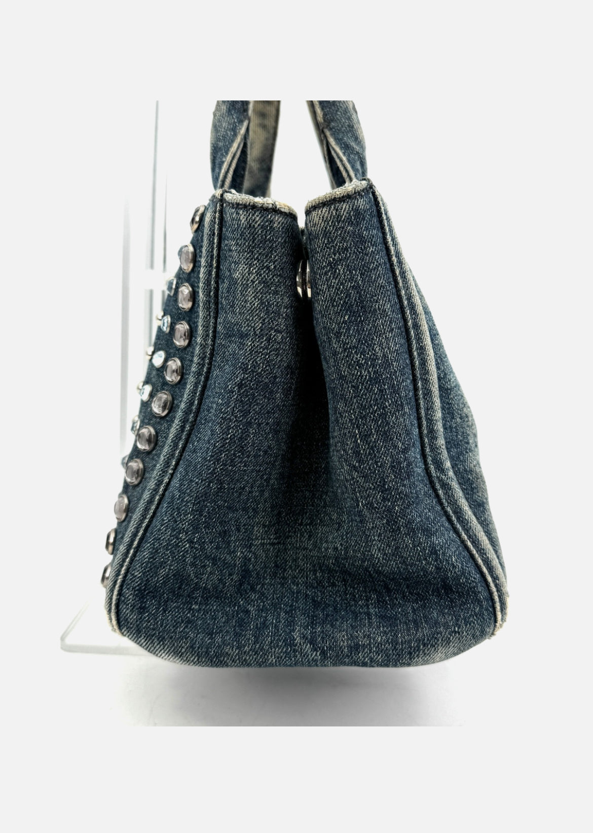 PRADA Canapa Tote Bag Bijoux Rhinestones Studs Denim Blue Bag