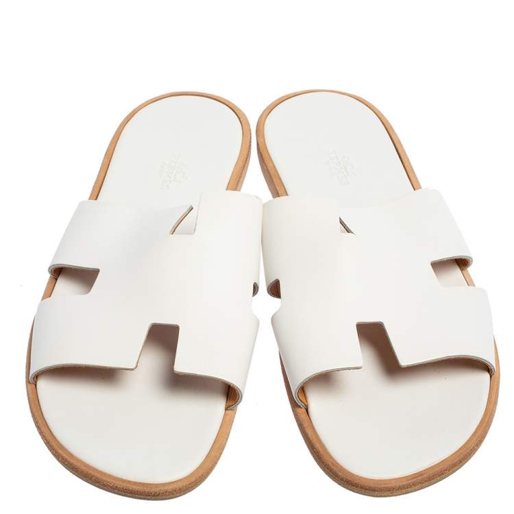 Hermes White Leather Izmir Flat Slides Size 43.5