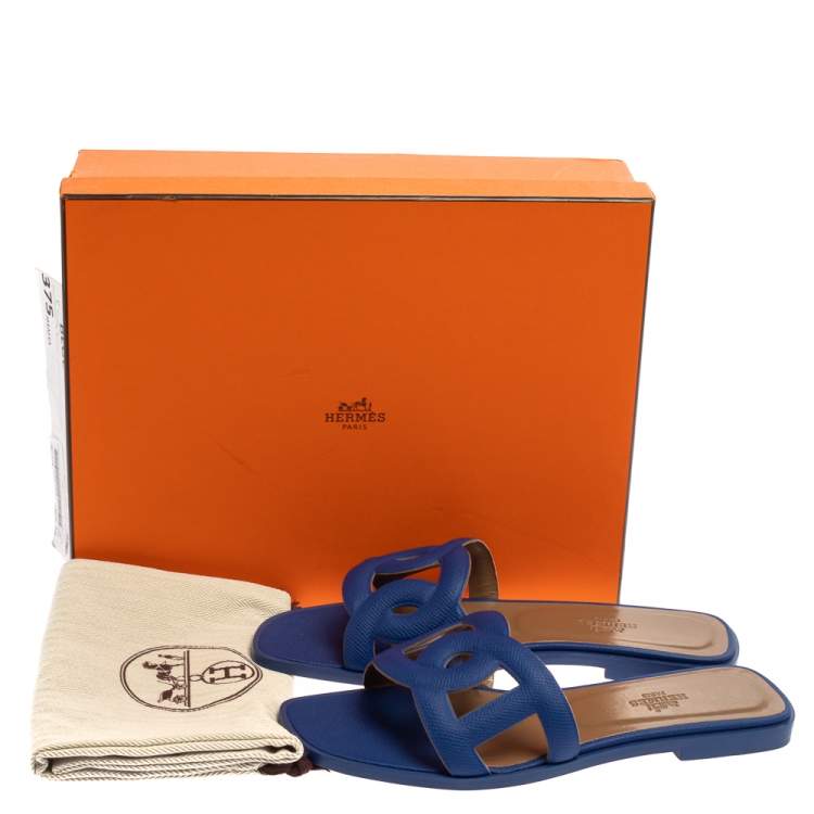 Hermes Blue Leather Omaha Sandals Size 37.5