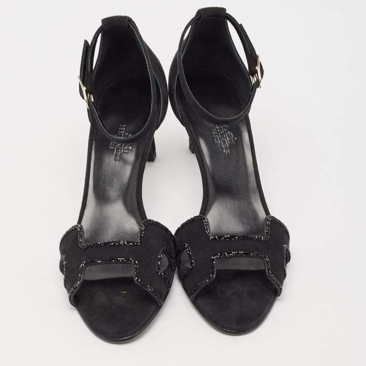 Hermes Black Suede Crystal Embellished Premiere Sandals Size 36.5