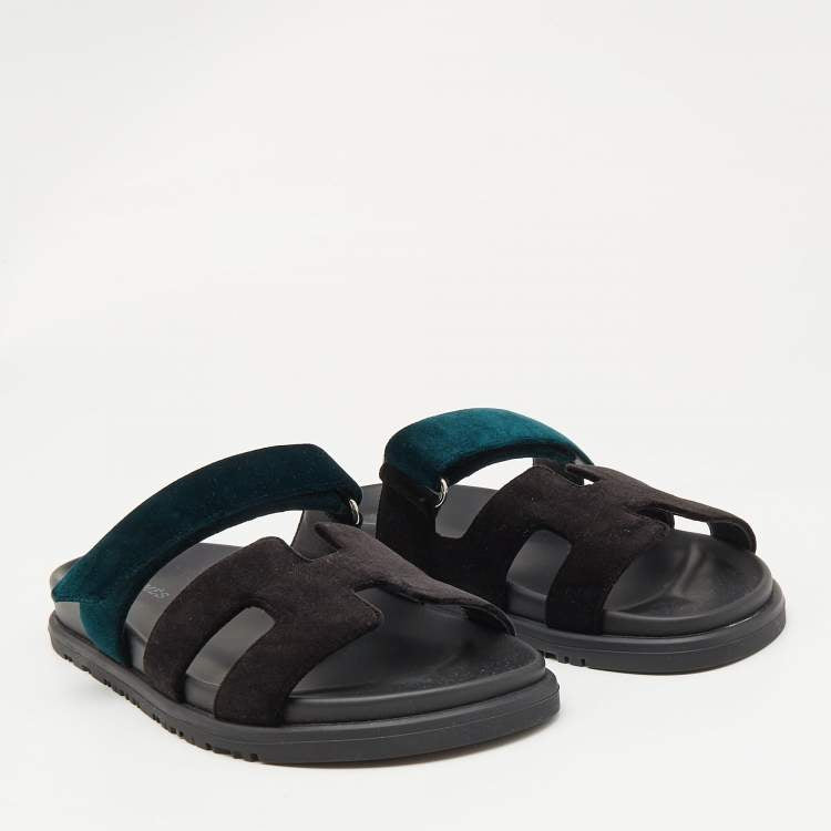 Hermes Black/Green Velvet Chypre Sandals Size 37