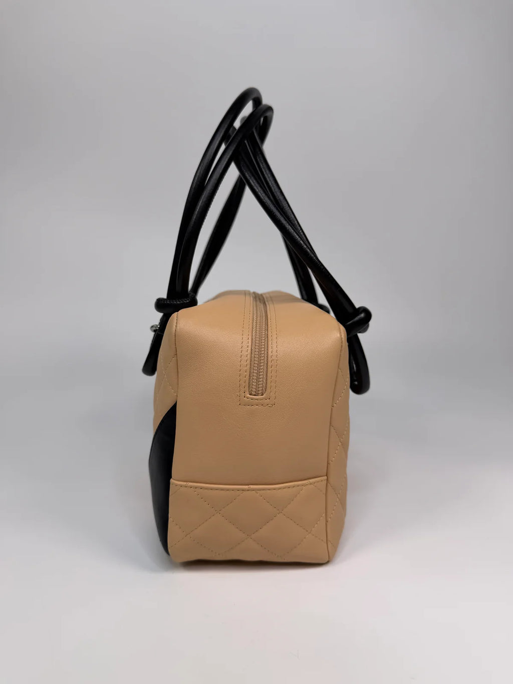CHANEL CAMBON BOWLING BAG IN BEIGE / BLACK LAMBSKIN LEATHER WITH SILVER HARDWARE