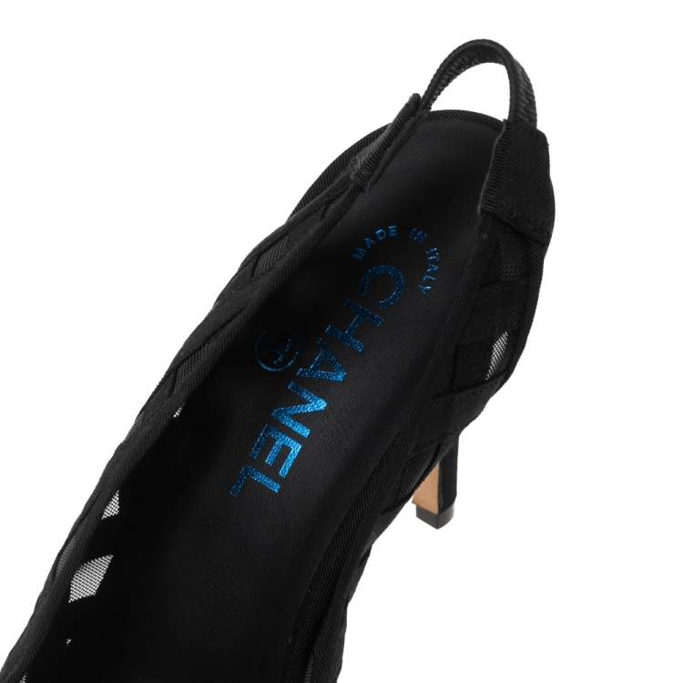 Chanel Black Mesh and Fabric Cap Toe Slingback Pumps Size 39