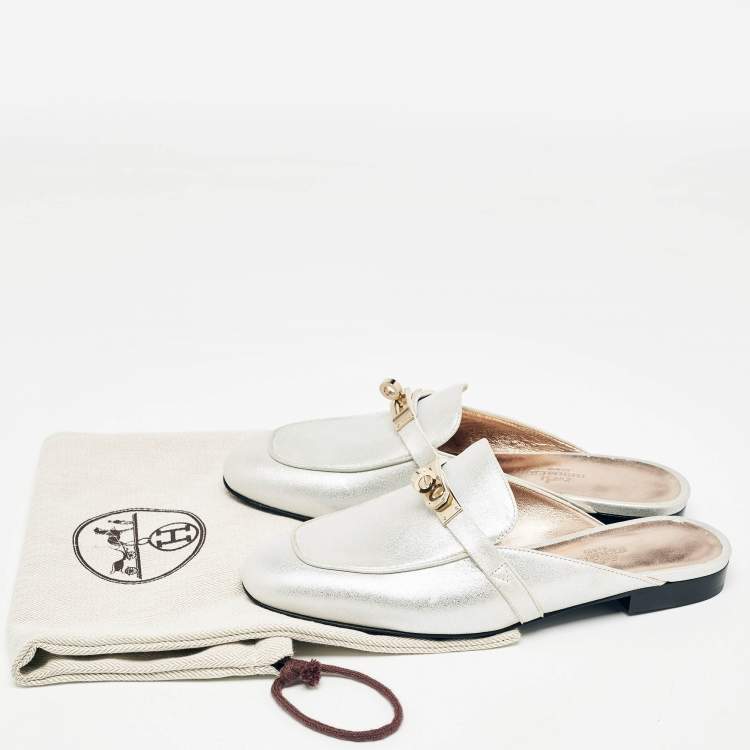 Hermes Silver Textured Suede Oz Flat Mules Size 36.5